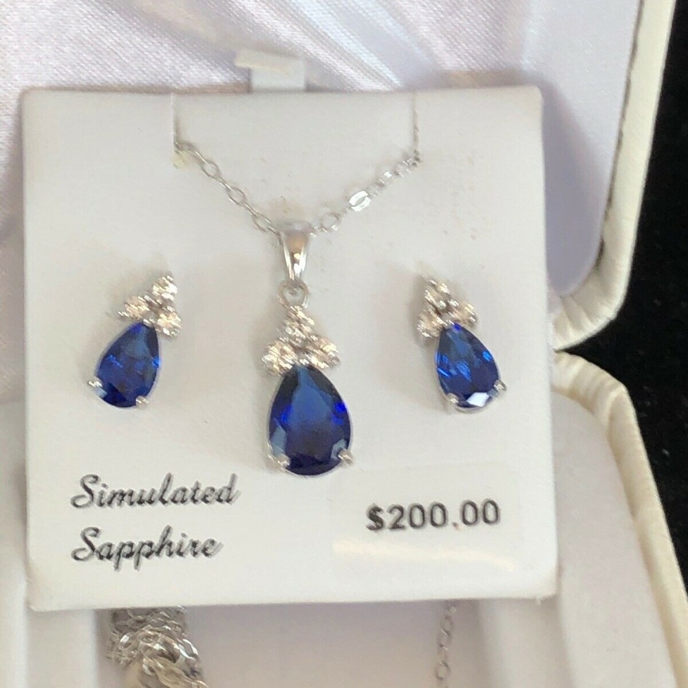 FINE JEWELRY SET Necklace & Earrings Sapphire and Sterling Silver NWOT